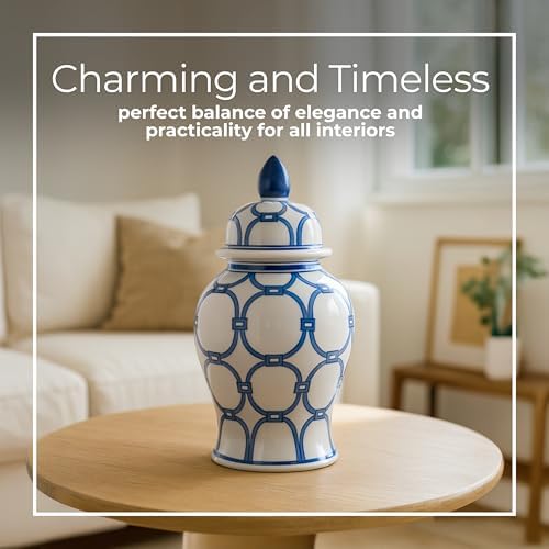 Decorative Jar with Lid Hand-Painted Pattern Stoneware Ceramic Traditional Design Home Office Bedroom Living Room Accent Decor - 14" Blue & White - Image 4