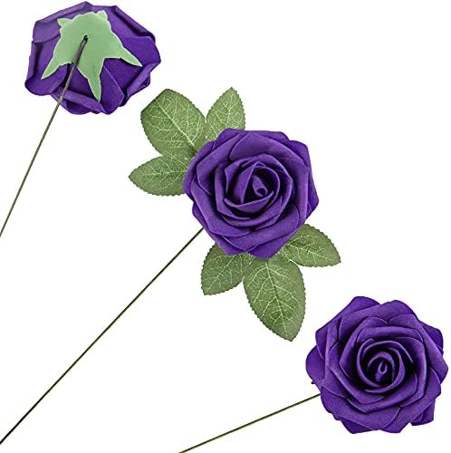 Artificial Flower Foam Rose 25pcs Real Looking Fake Rose with Stems Leaves for Home Decoration Party Garden Centerpieces DIY Wedding Bouquets（Purple） - Image 3