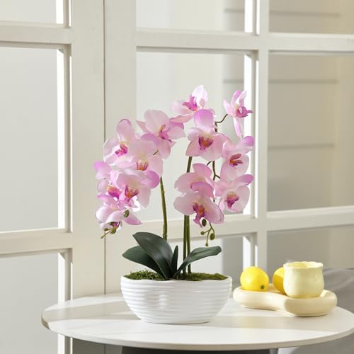 Large Artificial Orchid Arrangement in Oval Ribbed Ceramic Pot, Pink Shades - Image 4