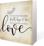 Inspirational Bible Verse 1 Corinthians 13:13 Faith Hope and Love Wooden Box Sign Scripture Desk Decor Rustic Scripture Wood Block Plaque Box Sign for Home Office Shelf Table Decoration by Summerjokes