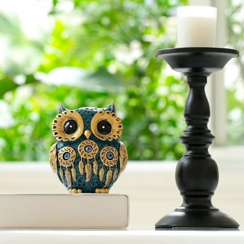 Decorative Owl Figurine, Vintage Blue and Gold Owl Statue Home Decor - Evil Eye Accent for Bookshelf, Bedroom, Living Room, Office & Table. Cute Small Animal Sculpture Gift for Birds Lovers.(Blue) - Image 5