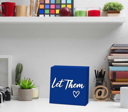 Let Them Wooden Sign, Mental Health Quote Farmhouse Wood Box Sign 5 X 5", Let Them Office Desk Accessories for Cubicle Decor, Office Gifts for Coworkers Women, Office Decorations for Work (Blue) - Image 3