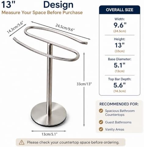 Brushed Nickel Hand Towel Holder Stand,13 Inch Tall Free-Standing Towel Rack, SUS304 Stainless Steel Towel Bar Rack Stand, Tower Bar for Bathroom Kitchen Vanity Countertop… - Image 3