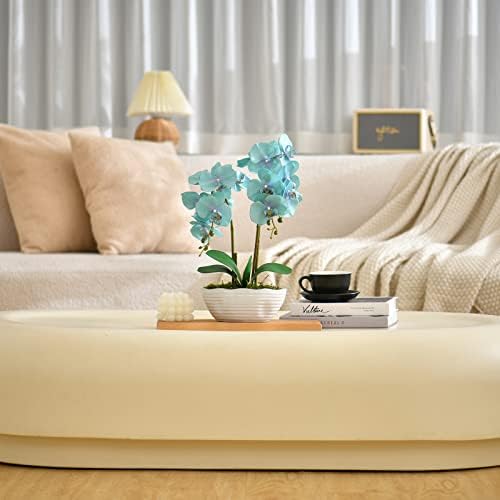 Large Artificial Orchid Arrangement in Oval Ribbed Ceramic Pot, Golden Blue - Image 5