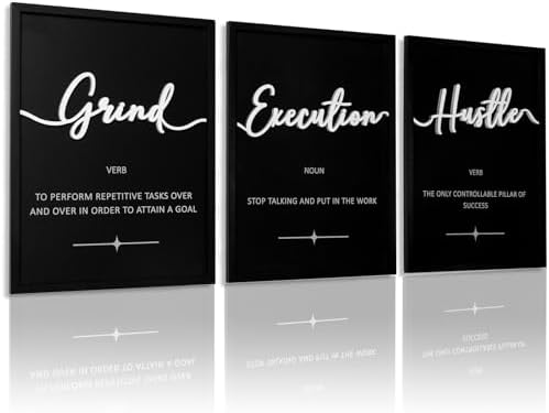 3D Wood Office Wall Art, Framed Grind Hustle Success Inspirational Wall Art, Motivational Wall Decor for Office Bedroom(Ready to Hang, 12x16 inches, Set of 3, Framed) by KIOSSUT