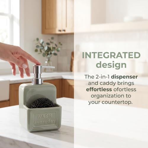 RQYIXI 2-in-1 Ceramic Soap Dispenser with Sponge Holder,Sage Green,15 Oz - Image 3