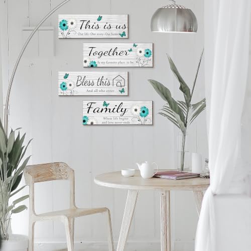 4 Pcs White Farmhouse Wall Decor with Teal Butterflies & Daisies, Rustic Wooden Signs Set, Floral Wall Art for Living Room Bedroom, Housewarming Gift, 4.7" x 13.8" - Image 3