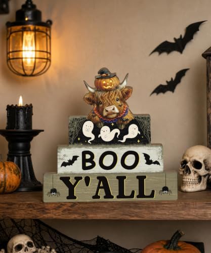 Putuo Decor Halloween Highland Cow Table Decor, Wooden Boo Yall Shelf Sign - Image 4
