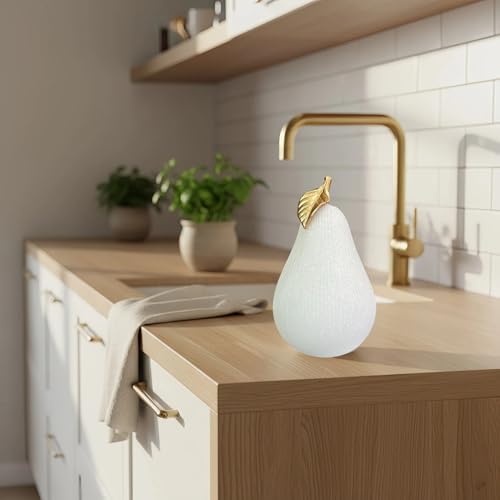 Sandstone White Pear Figurine with Gold Leaf, Textured Resin Fruit Sculpture, Minimalist Neutral Home Decor Statue for Kitchen Counter, Coffee Table & Shelf Decor - Image 4