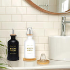 Mouthwash Dispenser for Bathroom 11.8oz – Glass Mouthwash Bottle with Cup & Bamboo Tray, Gold Hot-Stamped Lettering, Silicone Base, Modern Bathroom Accessory (Black & White, 11.8oz, 2pack) - Image 3