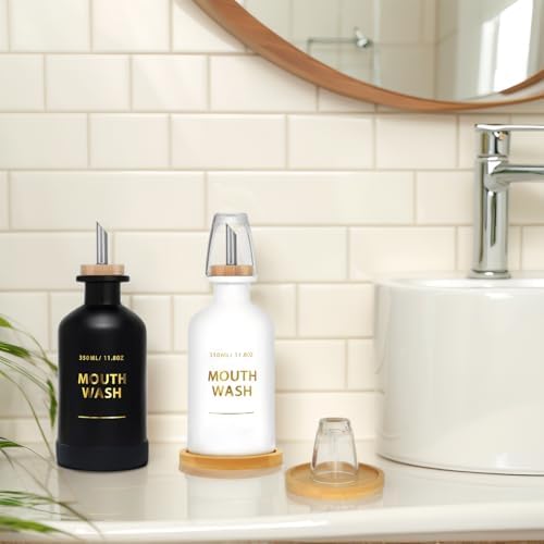 Mouthwash Dispenser for Bathroom 11.8oz – Glass Mouthwash Bottle with Cup & Bamboo Tray, Gold Hot-Stamped Lettering, Silicone Base, Modern Bathroom Accessory (Black & White, 11.8oz, 2pack) - Image 3
