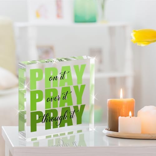 Green Room Decor, Inspirational Christian Gifts for Women, Green Dorm Bathroom Room Decoration, Office Decor for Women, Acrylic Office Desk Accessories Decoration Wall Art Sign - Pray through it - Image 3
