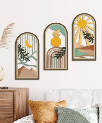 Putuo Decor Boho Wall Art Set of 3, Modern Minimalist Wooden Wall Decor, Nature-Inspired Abstract Aesthetic Room Decorations, Mid-Century Artwork for Living Room, Bedroom, Office (White, 16×8 in - Image 6