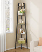 Hoctieon Corner Shelf, 5-Tier Corner Bookshelf, Rustic Ladder Shelf, Industrial Display Stand for Living Room, Kitchen, Home Office, Balcony, Small Space, Metal Frame, Grey by Hoctieon