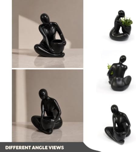 SENEA KAY Modern Abstract Statue with Removable Faux Succulents Plants – Figurine Home Decor Accents, Coffee Table Shelf Styling. Collectible Art Luxury Gift Items Woman Thinker Sculpture (Black) - Image 6