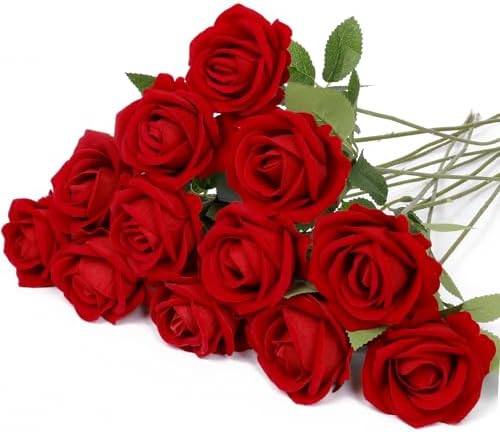 Red Artificial Rose Flowers, 12 Pcs Silk Roses with Long Stems, Realistic Fake Roses for Wedding Centerpiece Party Home and Office DIY Decor by Solivya
