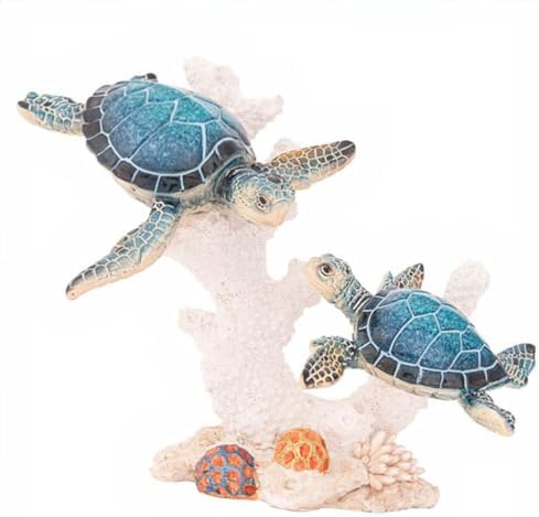 Sea Turtle Decor Figurine Blue Turtle Swimming on Coral Reef Base Coastal Bathroom Beach House Decor (Blue Sea Turtles) by CornerMerchant