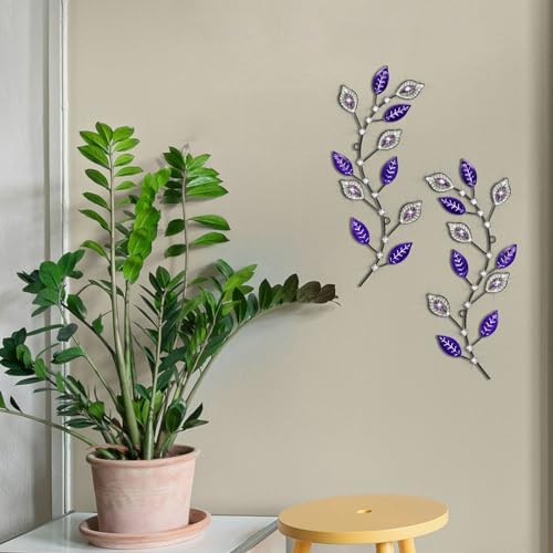 sxnzequnze 2 Set Metal Tree Leaf Wall Art for Home Decor Living Room Bedroom Dining Room Bling Rhinestone, 3D, Iron Branch Hanging Leaf Sculpture Art Pieces -Purple 16.5in*6.7in - Image 4