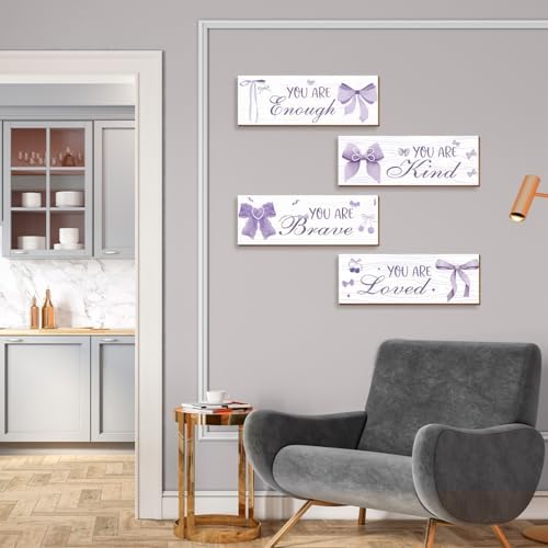 4 Pcs Purple Bow Wall Decor, Light Purple Coquete Room Decor for Teen Girls, Inspirational Positive Affirmations Wall Wooden Hanging Sign Bathroom Art - Image 7