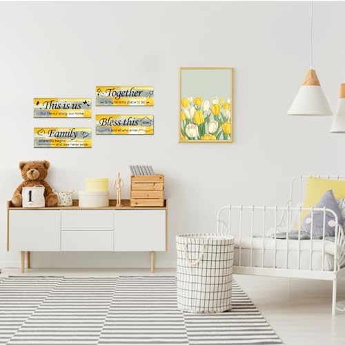 Lnond 4 Pieces Yellow Abstract Living Room Wall Decor, Motivational Home Family Rustic Wall Art Decor for Bedroom Living Room, Rustic Wooden Farmhouse Home Decor, 12 x 4 Inch - Image 6