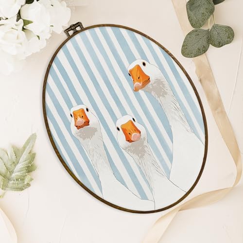 dvhdajed Preppy Goose Oval Wall Art Decor, Light Blue Striped Goose Framed Canvas Art, Farm Animals Decorations, Grandmillennial Geese Wall Hanging Decor for Nursery Bathroom Kitchen, 8.7x11.3 Inch - Image 4