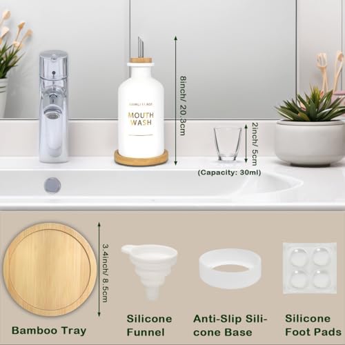Mouthwash Dispenser for Bathroom 11.8oz – Glass Mouthwash Bottle with Cup & Bamboo Tray, Gold Hot-Stamped Lettering, Nordic Style Countertop Accessory, White Bathroom Accessories (White) - Image 5