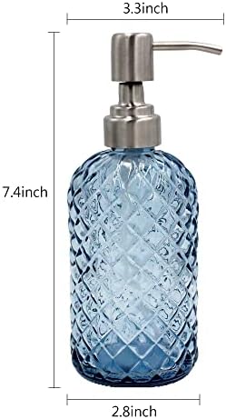 16 oz Diamond Pattern Glass Soap Dispenser, Kitchen and Bathroom Refillable Soap Dispenser with Rust Resistant Stainless Steel Pump for Hand Soap, Lotion Glass Liquid Dispenser(Blue - 2 Pack) - Image 3