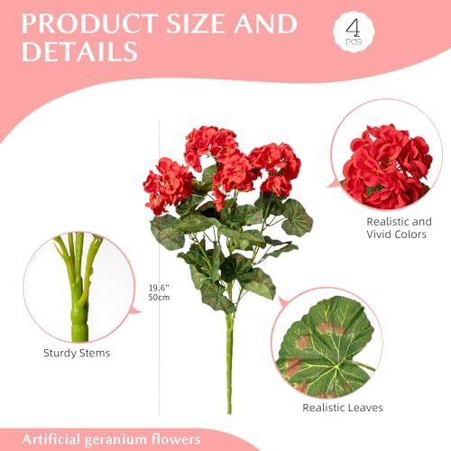 Artificial Geranium Flowers for Outdoors 19.6" Geraniums Artificial Flowers Realistic Faux Geraniums for Outdoor Planters Silk Geranium Indoor Fake Flowers Porch Home Garden Decor No Vase(4PCS，Red) - Image 2