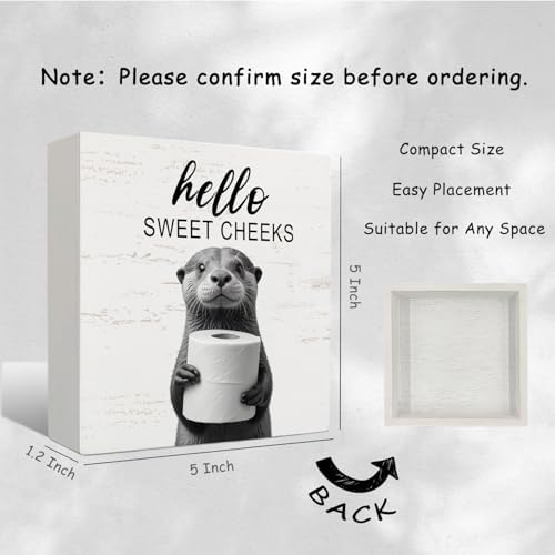 Funny Otter Bathroom Decor -Hello Sweet Cheeks Bathroom Decor, Otter Gifts Wooden Box Sign, Otter Gifts, 5 X 5 Inches - Image 2