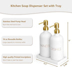Glass Dish and Hand Soap Dispenser Set - Kitchen Soap Dispenser with Tray and Stainless Steel Pump - for Modern Gold Kitchen Decor and Accessories - Image 7