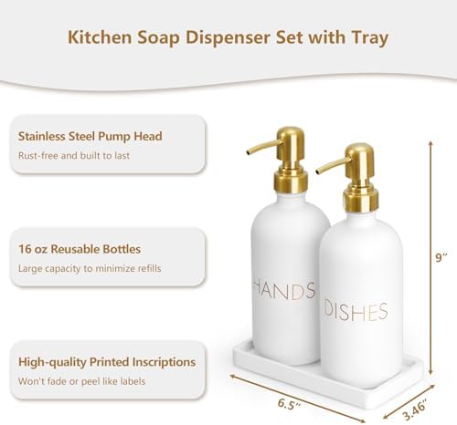 Glass Dish and Hand Soap Dispenser Set - Kitchen Soap Dispenser with Tray and Stainless Steel Pump - for Modern Gold Kitchen Decor and Accessories - Image 7