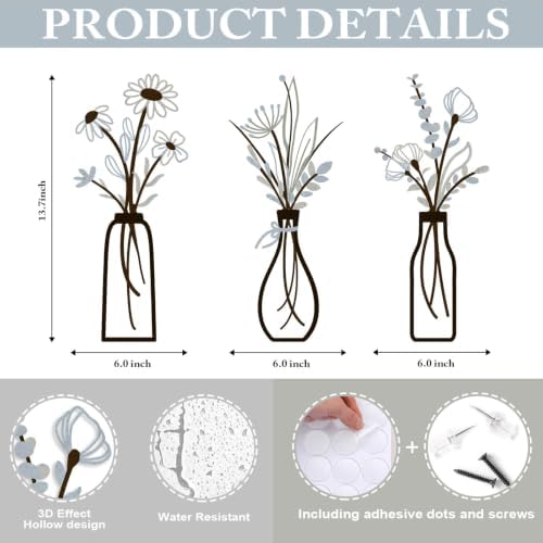 3 Pieces Metal Vase Flowers Wall Arts - Rustic Farmhouse Style Décor Metal Wall Art Black Minimalist Flower Natural Themed Wall Decors for Home Bedroom Dining Room Housewarming (Brown-Blue, Vase-C) - Image 2