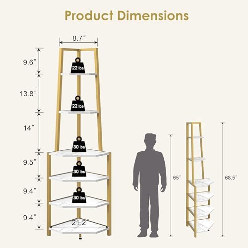 VECELO 6 Tier Corner Shelf 69 Inch Industrial Bookshelf with Metal Frame, Multipurpose Tall Plant Stand with Opening Display Shelves for Living Room, Bedroom, Home Office, Small Space, Gold - Image 2