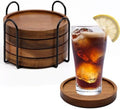 4 Pcs Acacia Coasters for Drinks Absorbent, Wood Coasters with Holder, Drink Coasters for Coffee Table, Absorbent Coaster Set for Table Protection Drink Coasters for Farmhouse, Office, Bar by Mckanti