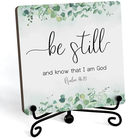 Inspirational Christian Desk Decor, Be Still And Know That I Am God Eucalyptus Sign, Desk Decorations For Office Home Living Room Bathroom, Eucalyptus Shelf Decor, Wooden Plaque With Stand (07) by JUSITAKEET