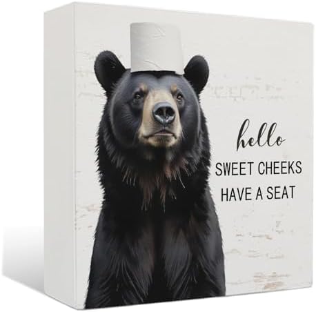 Funny Bear Bathroom Decor - Hello Sweet Cheeks Bear Bathroom Decor, Rustic Farmhouse Wooden Sign, 5 X 5 Inches by Unknown