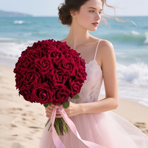 Ttranewsoo 24PCS Red Roses Artificial Flowers, Realistic Fake Roses with Stems for DIY Rose Bouquets, Romantic Centerpieces, Anniversary, Party & Home Decor, 16.5 Inch - Image 6