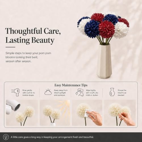Mandy's 12pcs Artificial Red White Blue Ball Chrysanthemum Flowers - Image 6