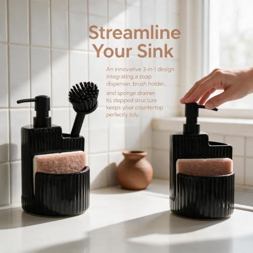 RQYIXI 3-in-1 Ceramic Round Soap Dispenser with Sponge Holder,Black,18 Oz - Image 2