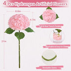 4 Pcs Real Touch Hydrangea Artificial Flowers, 21" Fake Flowers, Light Pink - Image 7