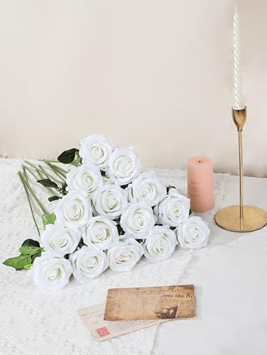 Coferset 50pcs Velvet Artificial Roses Flowers in Bulk,Ivory White - Image 4