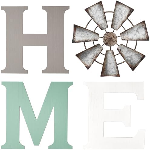 Mkono Wood Home Sign, Metal Windmill for O, Farmhouse Wall Decor by Mkono