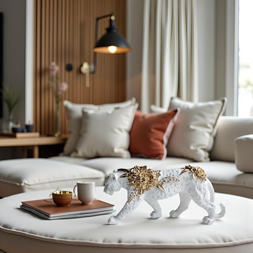 Cheetah Statue White Gold Leopard Sculpture Home Decor Leopard Sculpture Resin Handmade Sitting Suitable for Living Room Table Center Bedroom Gift for Woman Father - Image 2