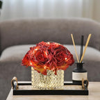 Silk Roses in Glass Vase with LED, Low Centerpiece for Table, Red - Image 2