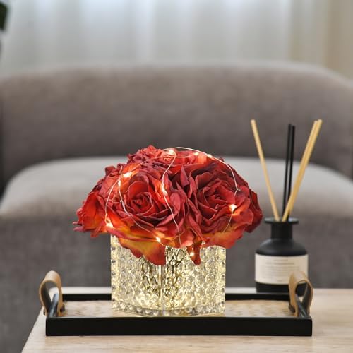 Silk Roses in Glass Vase with LED, Low Centerpiece for Table, Red - Image 2