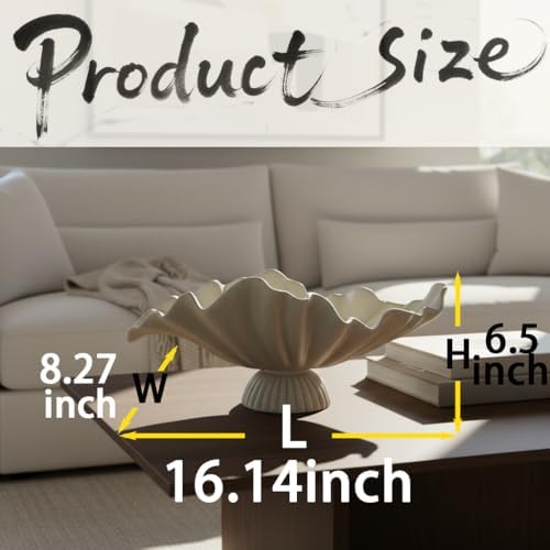 16" Large Decorative Bowl decor, Modern Home Decoration Scallop Bowl,Fashion Key Bowl for Entrance Table, Decorative Fruit Bowl for Kitchen Counter, Ruffle Decor, With Base, Light Gray - Image 3