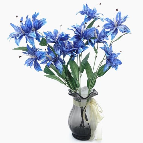 Artifical Lily Flowers Fake Stargazer Lilies Flower Bundles 4 Pack, Faux Silk Lily Floral Stems for Indoor Outdoor Home Garden Decor Office Party Wedding Arrangement Bouquets DIY Decoration - Blue - Image 2