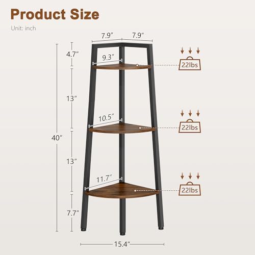 Hoctieon Corner Shelf, 3-Tier 40" Tall Corner Bookshelf, Rustic Ladder Shelf, Industrial Display Stand for Living Room, Kitchen, Home Office, Balcony, Small Space, Metal Frame, Rustic Brown - Image 2