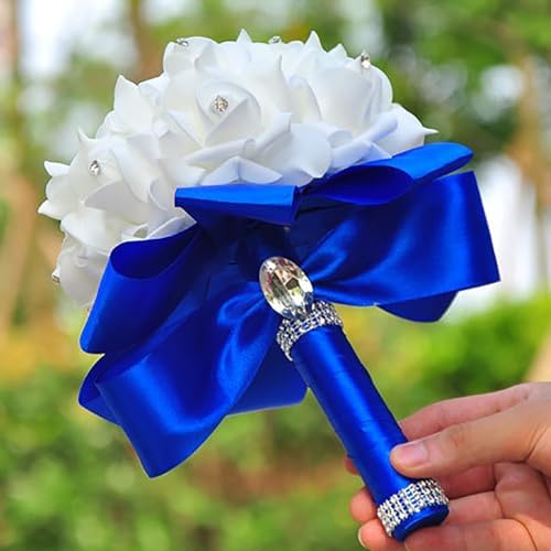 Wedding Bouquets for Bride, Bridal Flowers for Wedding, Bride Bridesmaid Hand Flowers Bridal Bouquet Crystal Diamond Silk Roses, Artificial Flowers Bouquet for Church Wedding Party (Blue) - Image 5