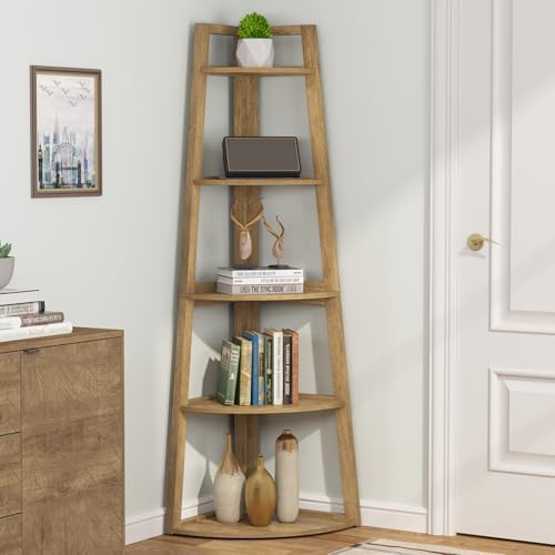 Tribesigns 70 inch Tall Corner Shelf, 5 Tier Modern Corner Bookshelf Bookcase Industrial Corner Ladder Shelf Plant Stand for Living Room, Kitchen, Home Office (Light Brown) - Image 3